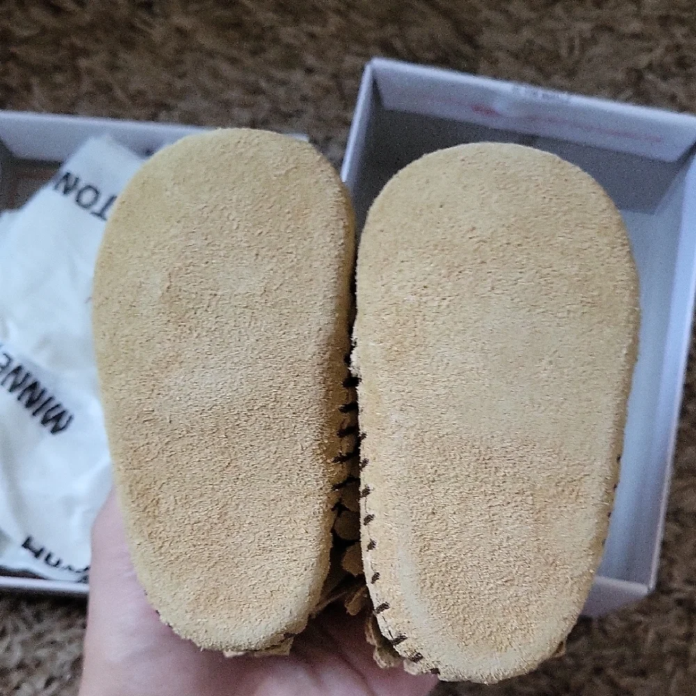 Minnetonka Kids Tan Suede Fringe Moccasins with Topstitch
